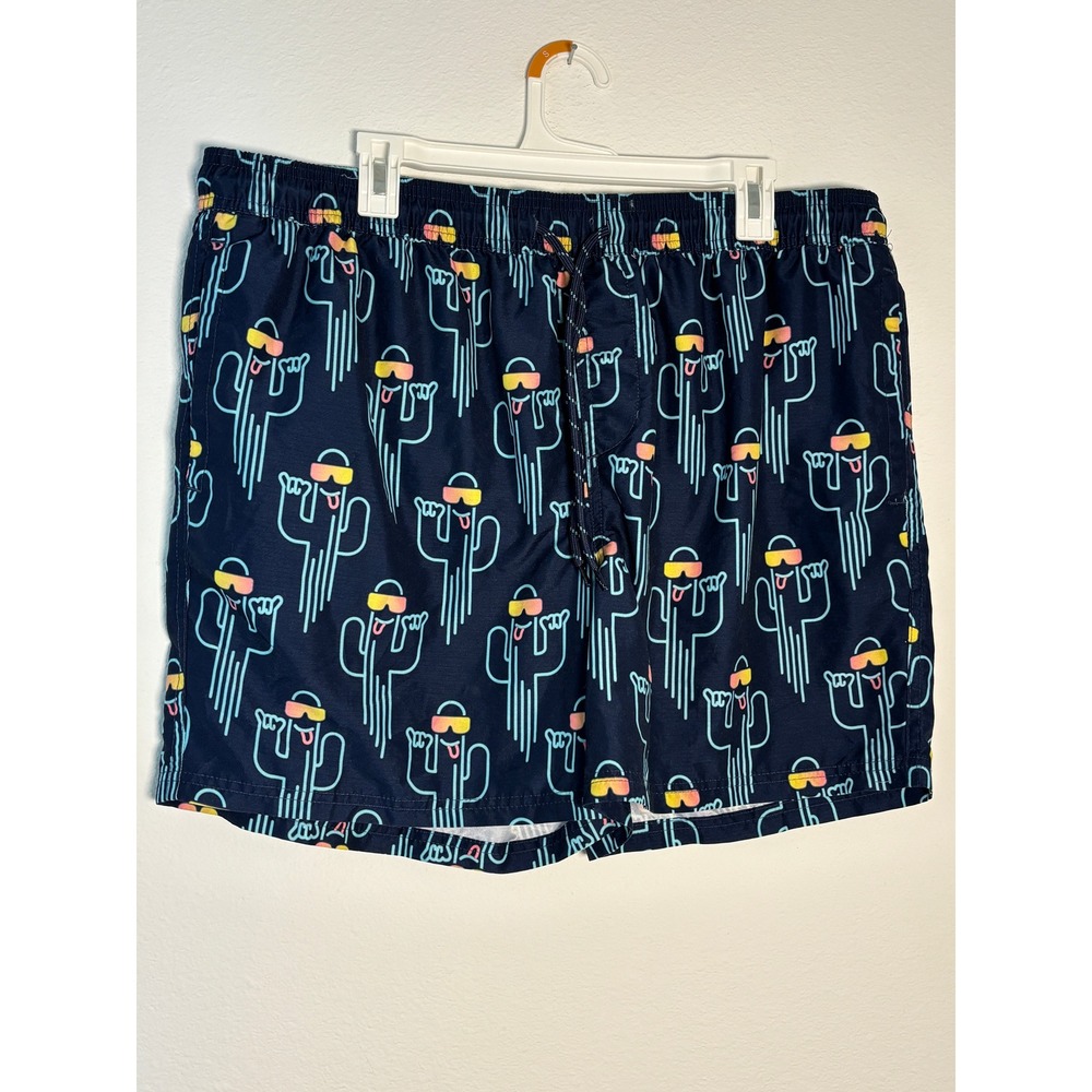 No Boundaries Mens XL Cactus Print Swim Trunks Navy Blue Neon Sunglasses Mesh